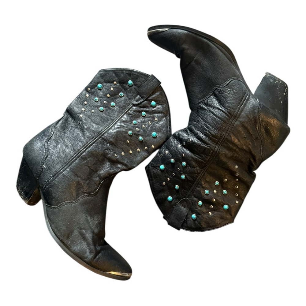 Vtg Dingo Turquiose Studded Black Leather Western Boots Womens Sz 10 Festival